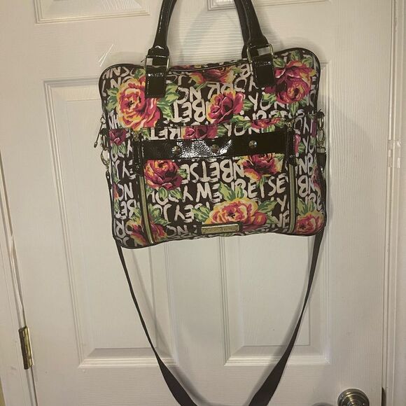 Betsey Johnson Nylon colorful large laptop shoulder bag black patent trim &strap - Picture 14 of 14